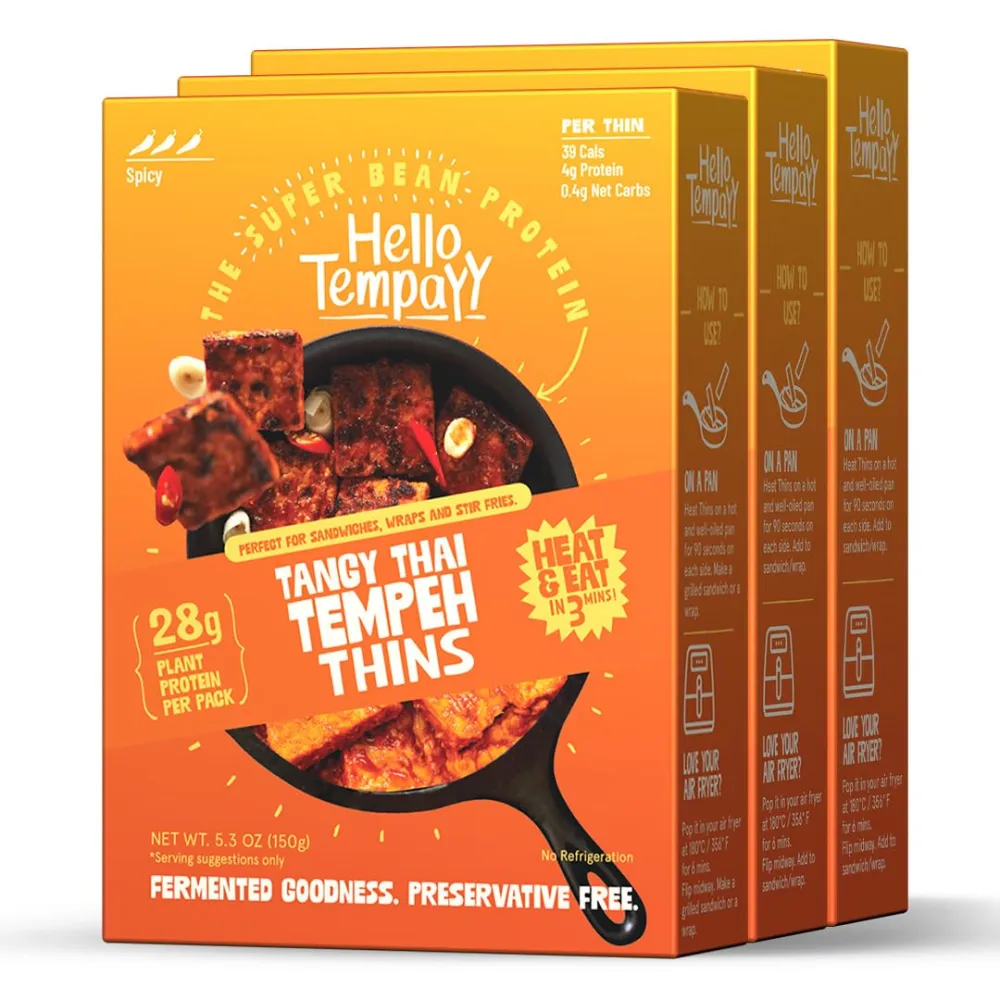 Ready to Cook Tempeh-Tangy Thai - 28g Clean Protein | High Fiber | More Protein & Fiber than Tofu & Cottage Cheese| Fermented | Gut-Friendly | Gluten Free | Dairy Free | Vegan | Non GMO | Cleaner, more Nutritious than Meat Alternatives (pack of 3, 3, Count)