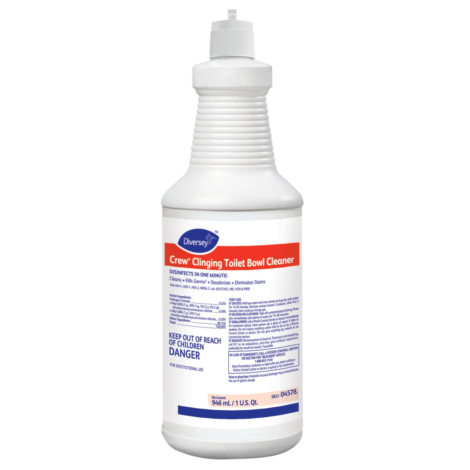 CREW Diversey Clinging Toilet Bowl Cleaner, Floral Scent, Liquid, 1 Qt. Bottle, 12/ct, Ready-to-Use Squeeze Bottle, 32 Fl Oz (Pack of 1)