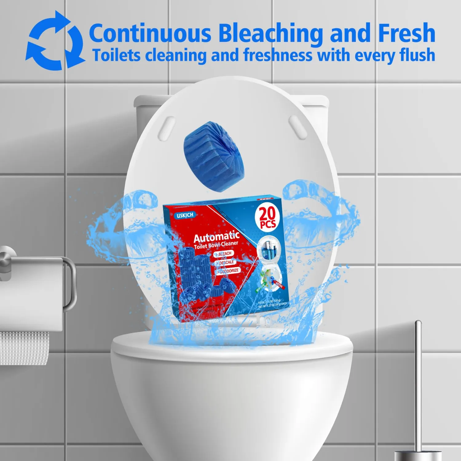 USKICH Toilet Bowl Cleaner Tablets 20 PACK, Bathroom Automatic Toilet Tank Blue Cleaners with Bleach, Slow-Releasing Household Toilet Cleaners for Deodorizing, Descaling, against Tough Stains
