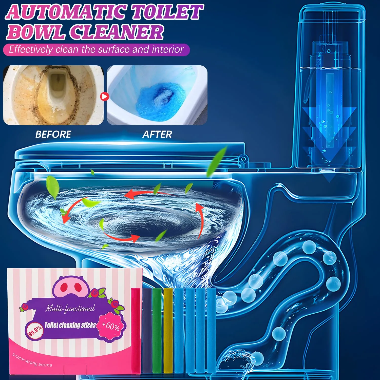 Multi-Functional Deodorizing Toilet Cleaning Sticks,Toilet Bowl Freshener,Toilet Bowl Cleaner Sticks,Toilet Bowl Cleaners Drop in Tank(1Set)