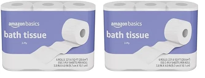 Amazon Basics 2-Ply Toilet Paper 12 Rolls = 48 Regular Rolls, 350 Sheets, (2 Packs of 6), Unscented