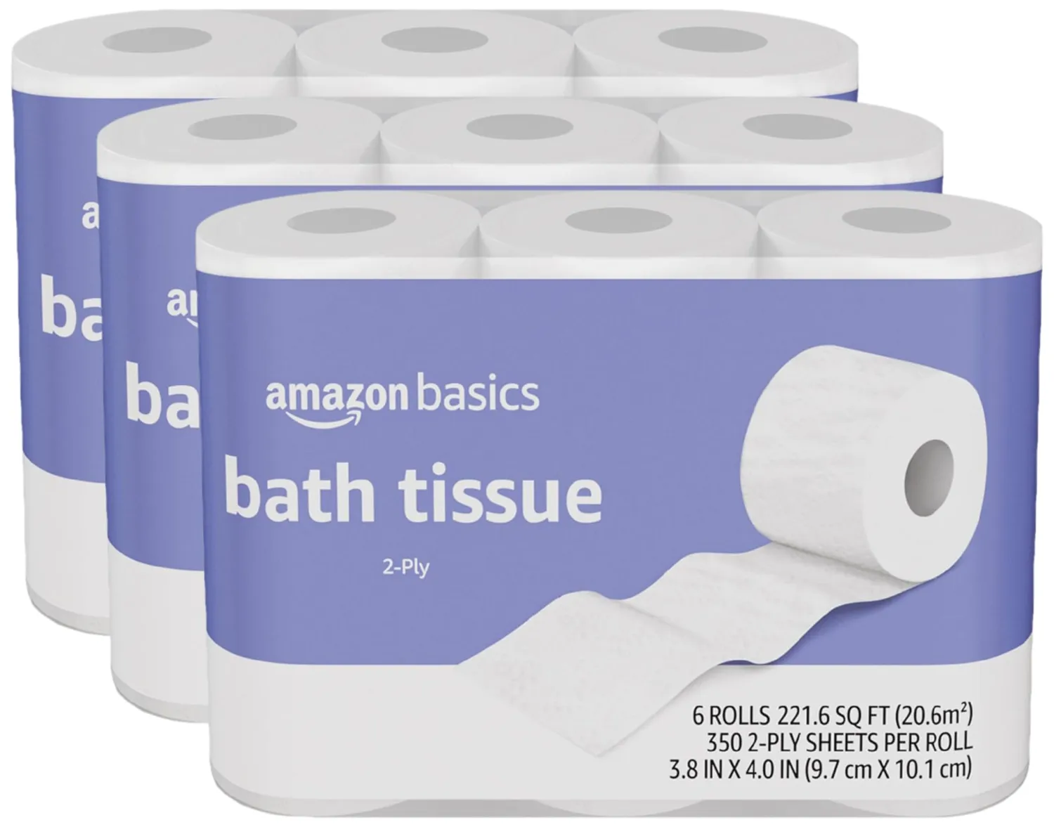 Amazon Basics 2-Ply Toilet Paper 18 Rolls = 72 Regular Rolls, 350 Sheets, (3 Packs of 6), Unscented