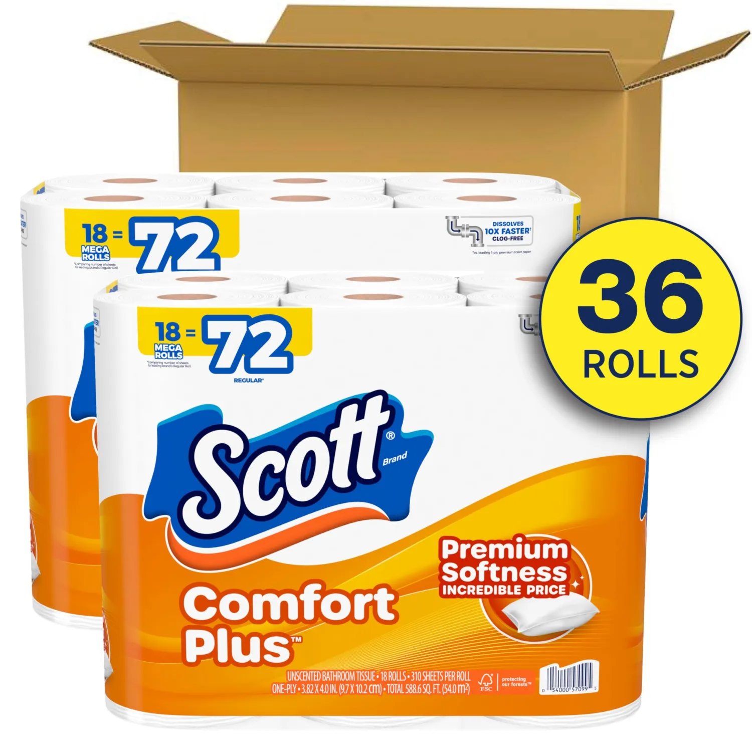 Scott ComfortPlus Toilet Paper, 36 Mega Rolls, 310 Sheets per Roll, Septic-Safe, 1-Ply Toilet Tissue