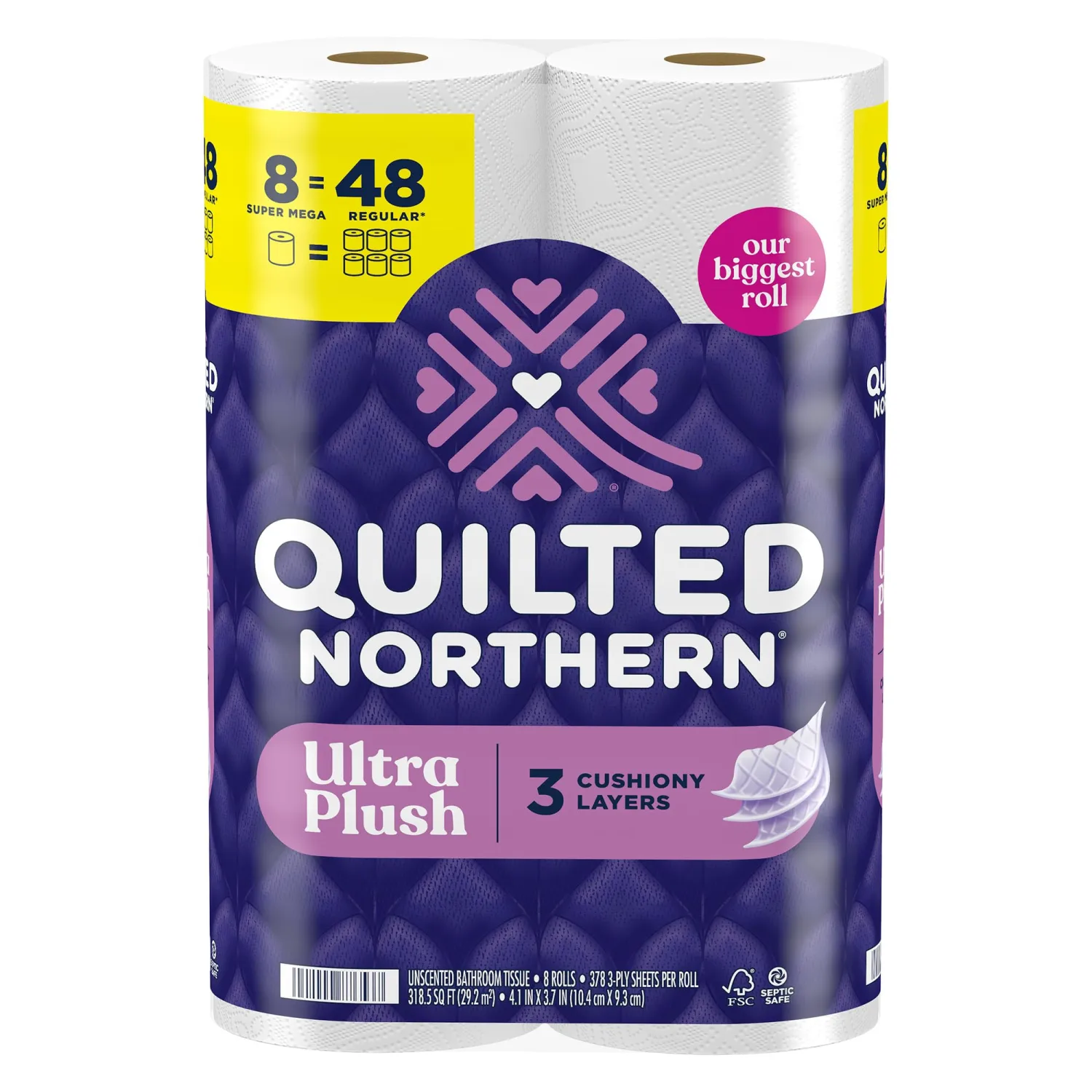 Quilted Northern Ultra Plush Toilet Paper, 8 Super Mega Rolls = 48 Regular Rolls, 3X Thicker*, 3 Ply Soft Toilet Tissue
