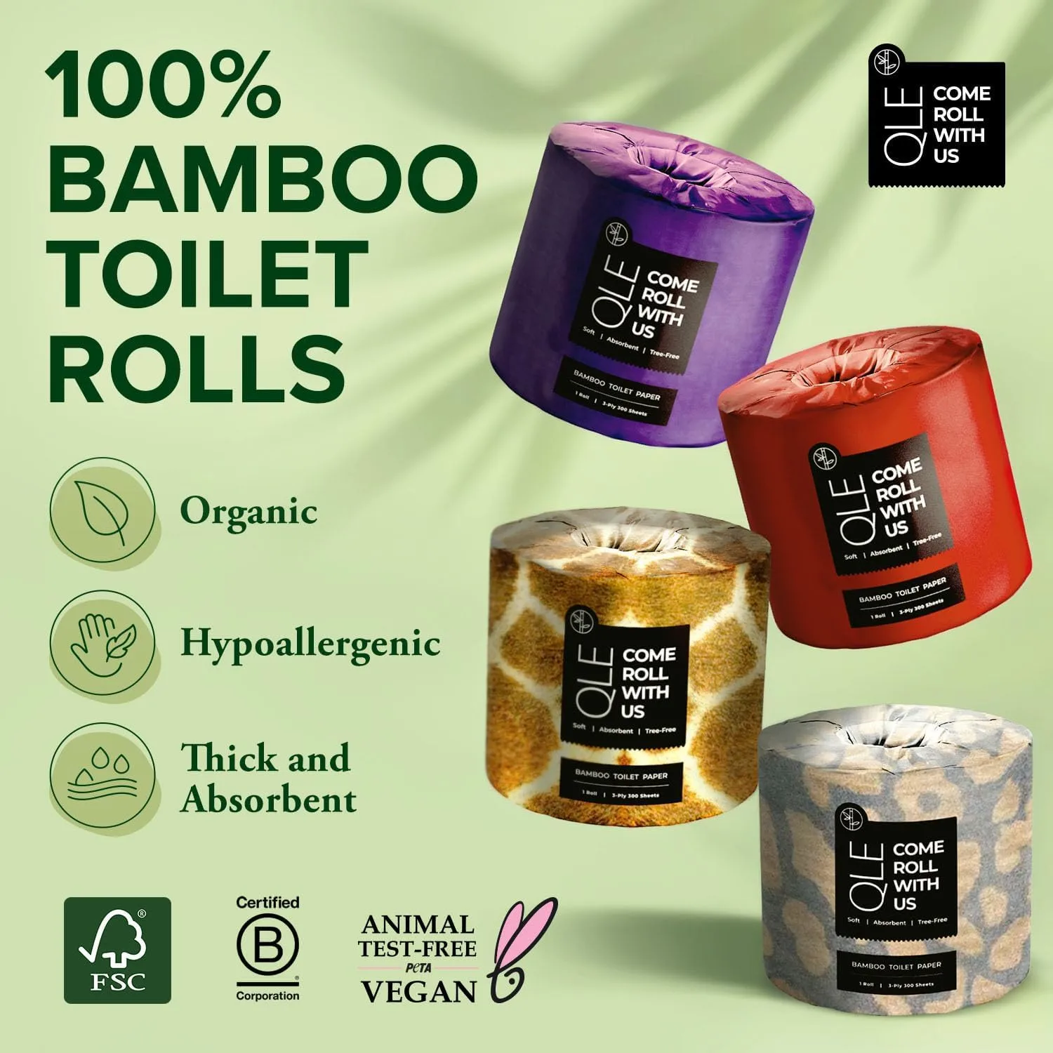 QLE Bamboo Toilet Paper 4 Pack 3 Ply 300 Sheets Bamboo RV Toilet Paper Rolls - Organic Chemical Free Toilet Paper, Hypoallergenic Toilet Paper Bamboo Soft, Compostable Septic Safe Plant Toilet Paper