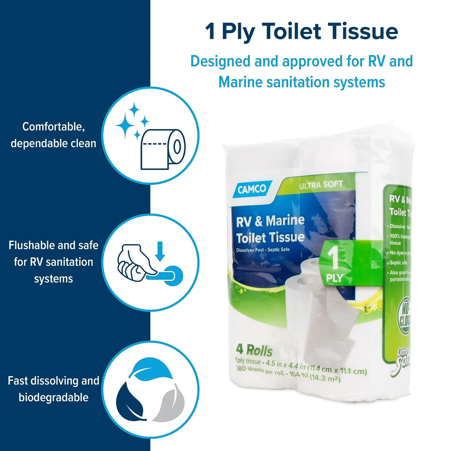 Camco 40276 Toilet Tissue, 1 Pack of 4 Rolls, White
