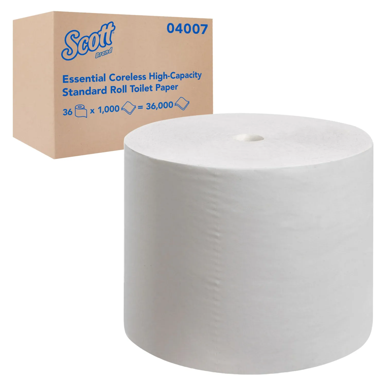 Scott® Essential Coreless High-Capacity Standard Roll Bulk Toilet Paper (04007), 2-Ply, White (1,000 Sheets/Roll, 36 Rolls/Case, 36,000 Sheets/Case)