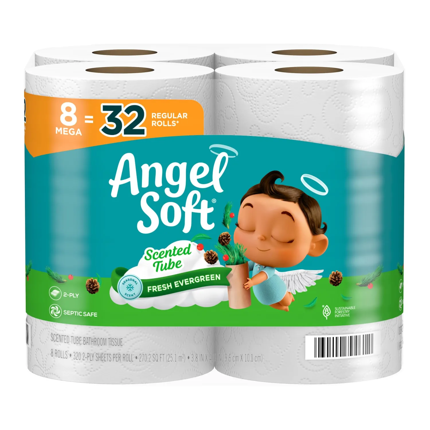 Angel Soft Toilet Paper with Fresh Evergreen Scented Tube, 8 Mega Rolls = 32 Regular Rolls, Soft and Strong Toilet Tissue