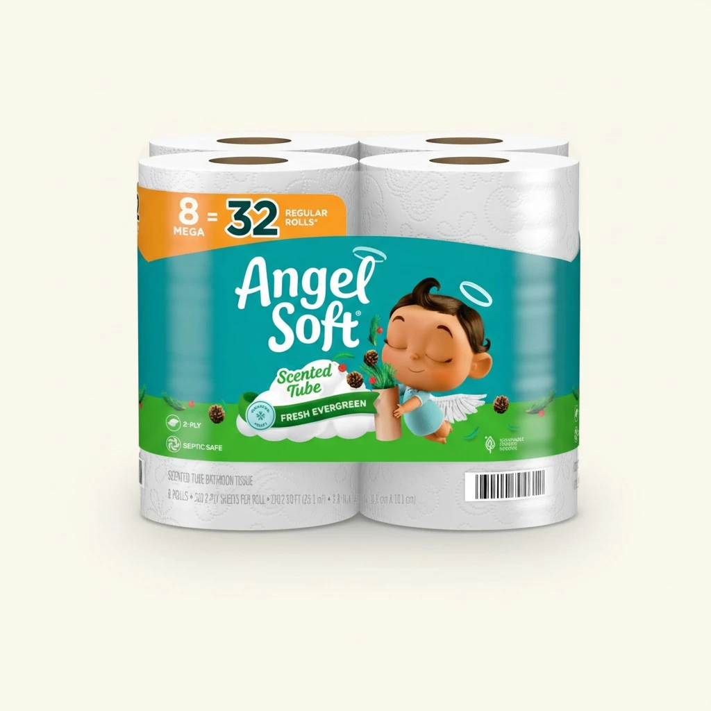 Angel Soft Toilet Paper with Fresh Evergreen Scented Tube, 8 Mega Rolls = 32 Regular Rolls, Soft and Strong Toilet Tissue