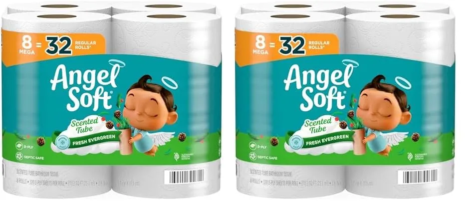 Angel Soft Toilet Paper, 8 Mega Rolls with Evergreen Scented Tube (Pack of 2)