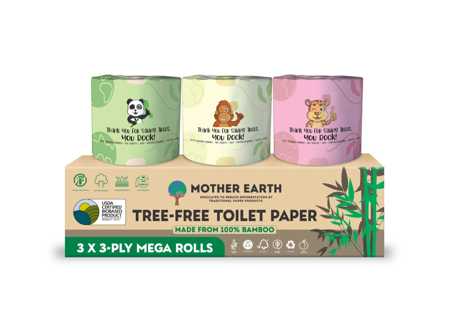 MOTHER EARTH Bamboo Toilet Paper - Ultra Soft & Strong 3-Ply Bath Tissue, 400 Sheets Per Roll, Hypoallergenic & Septic Safe, Mega Rolls, Pack of 3 Rolls