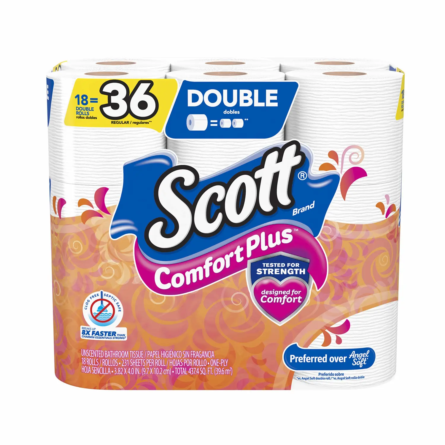 Scott Comfortplus Toilet Paper, Double Roll, Bath Tissue, 18 Count