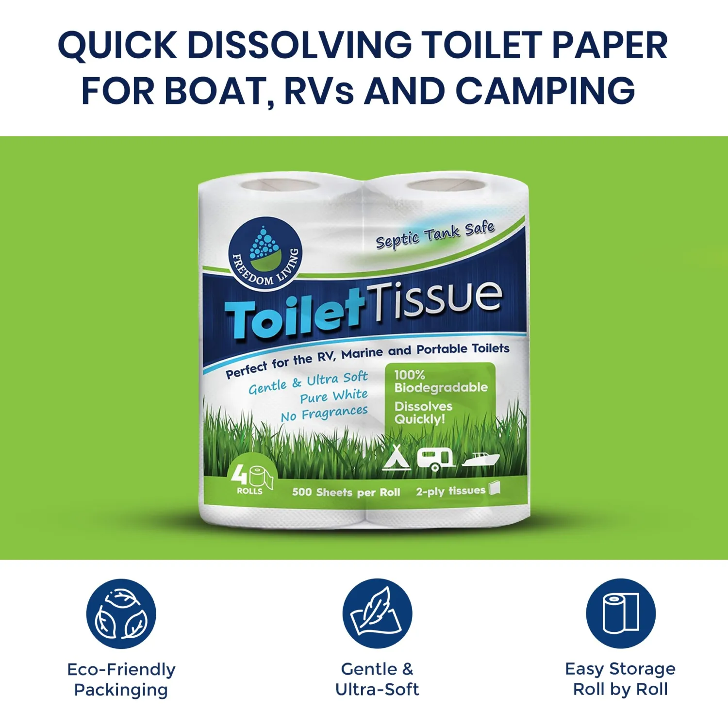 Septic Tank Safe Toilet Tissue for Campers and RVs Biodegradable Marine Toilet Paper for Boats, Fragrance-Free 2-Ply RV Toilet Paper (4 Rolls, 500 Sheets Each)