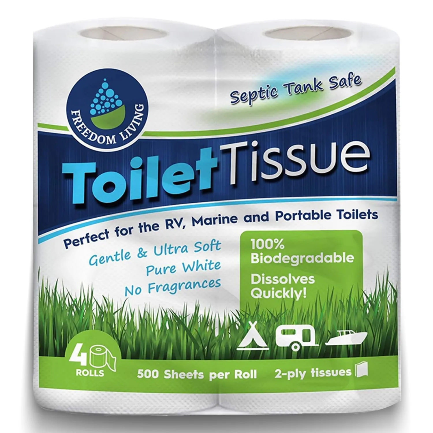 Septic Tank Safe Toilet Tissue for Campers and RVs Biodegradable Marine Toilet Paper for Boats, Fragrance-Free 2-Ply RV Toilet Paper (4 Rolls, 500 Sheets Each)