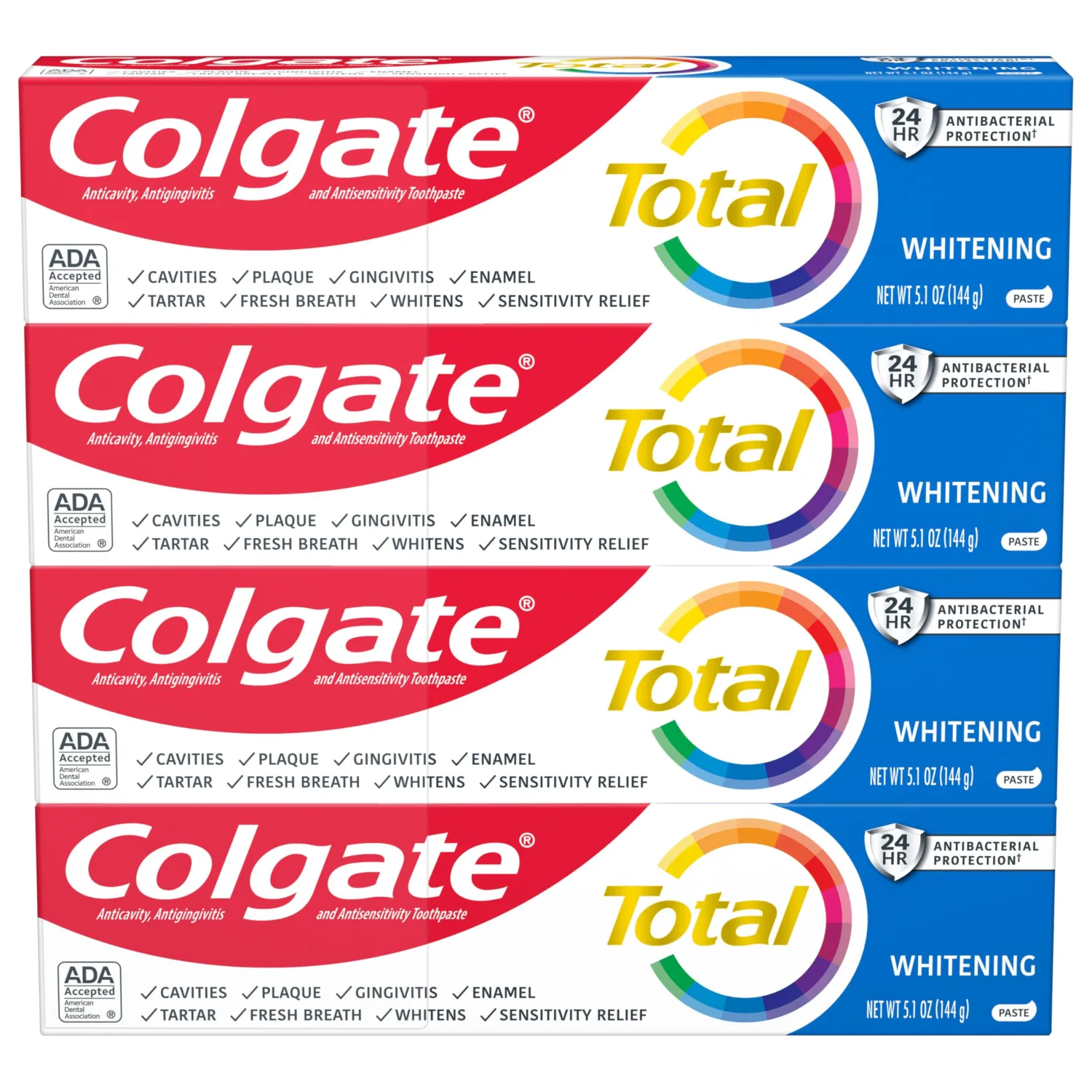 Colgate Total Whitening Toothpaste with Fluoride, 10 Benefits Including Sensitivity Relief and Stain Removal, Mint, 5.1 ounces (4 Pack)