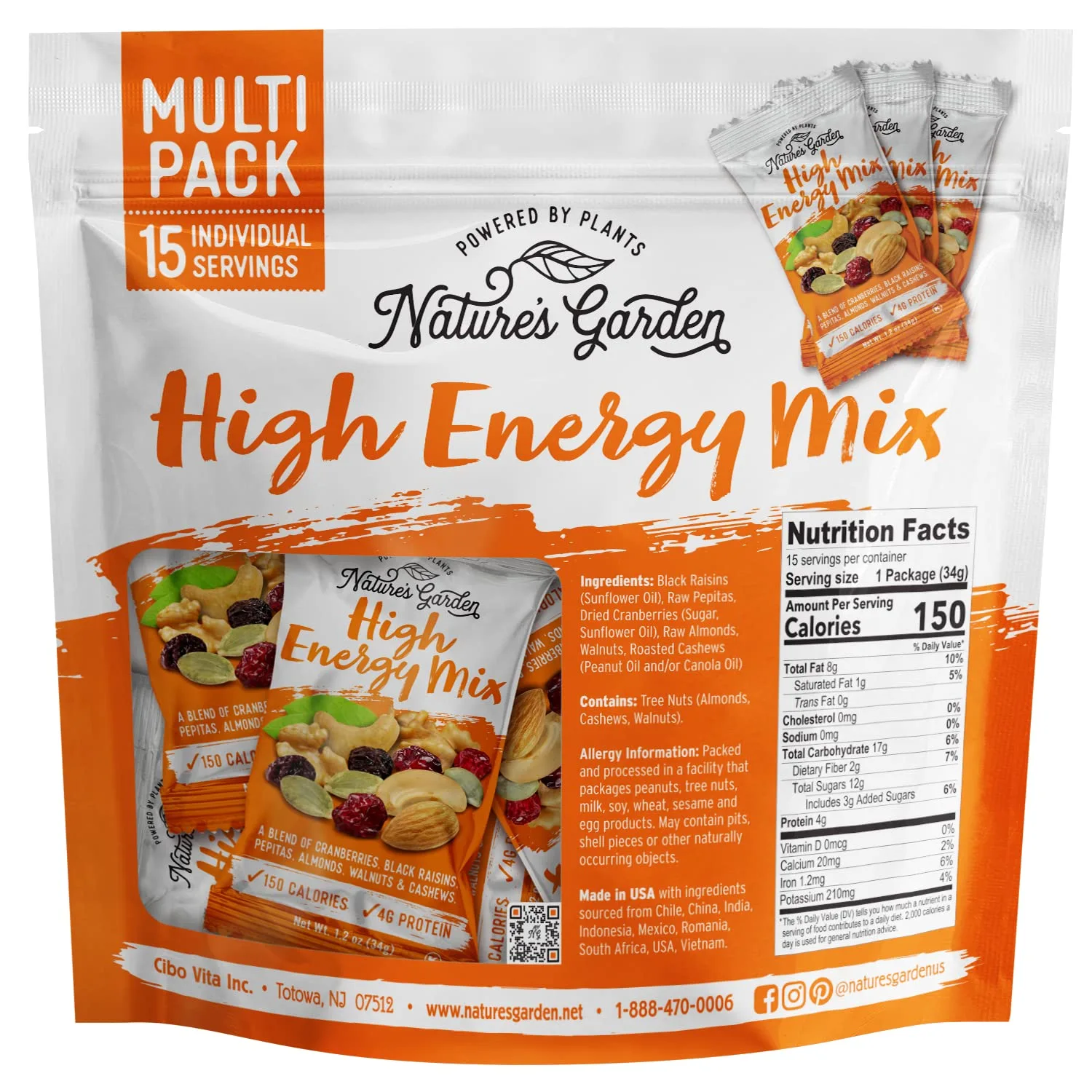 Nature's Garden High Energy Mix, Deluxe Mixed Nuts, Energy Boost, High Energy Trail Mix, Cranberries, Raisins, Almonds, Walnuts, Cholesterol Free, Sodium Free, No Artificial Ingredients – 1.2 Oz Bags (15 Individual Servings)