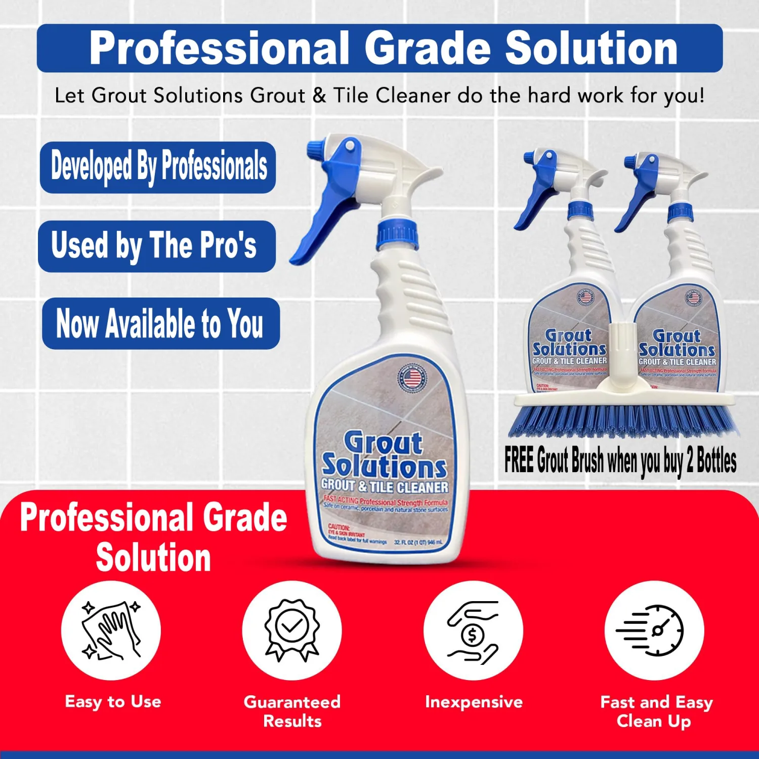 Heavy Duty Grout and Tile Cleaner, Acid-Free, Safe on Stone, Ceramic, Porcelain and Colored Grout, Easy to use 32oz