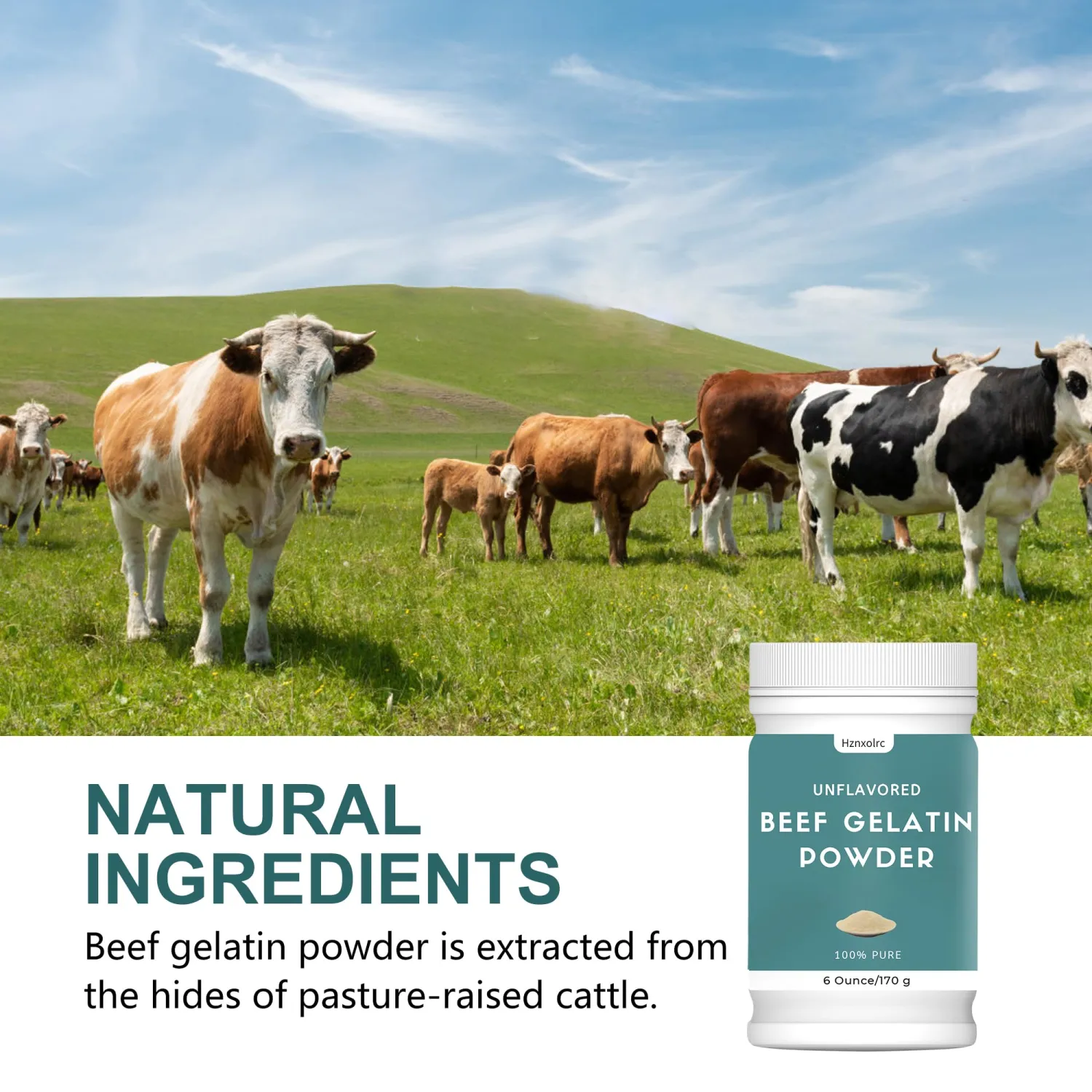 6 oz Beef Gelatin Powder Unflavored, Natural Thickener, Rich in Collagen, Used in Jellies, Puddings, Candies, Dairy Products, Jams and Other Foods