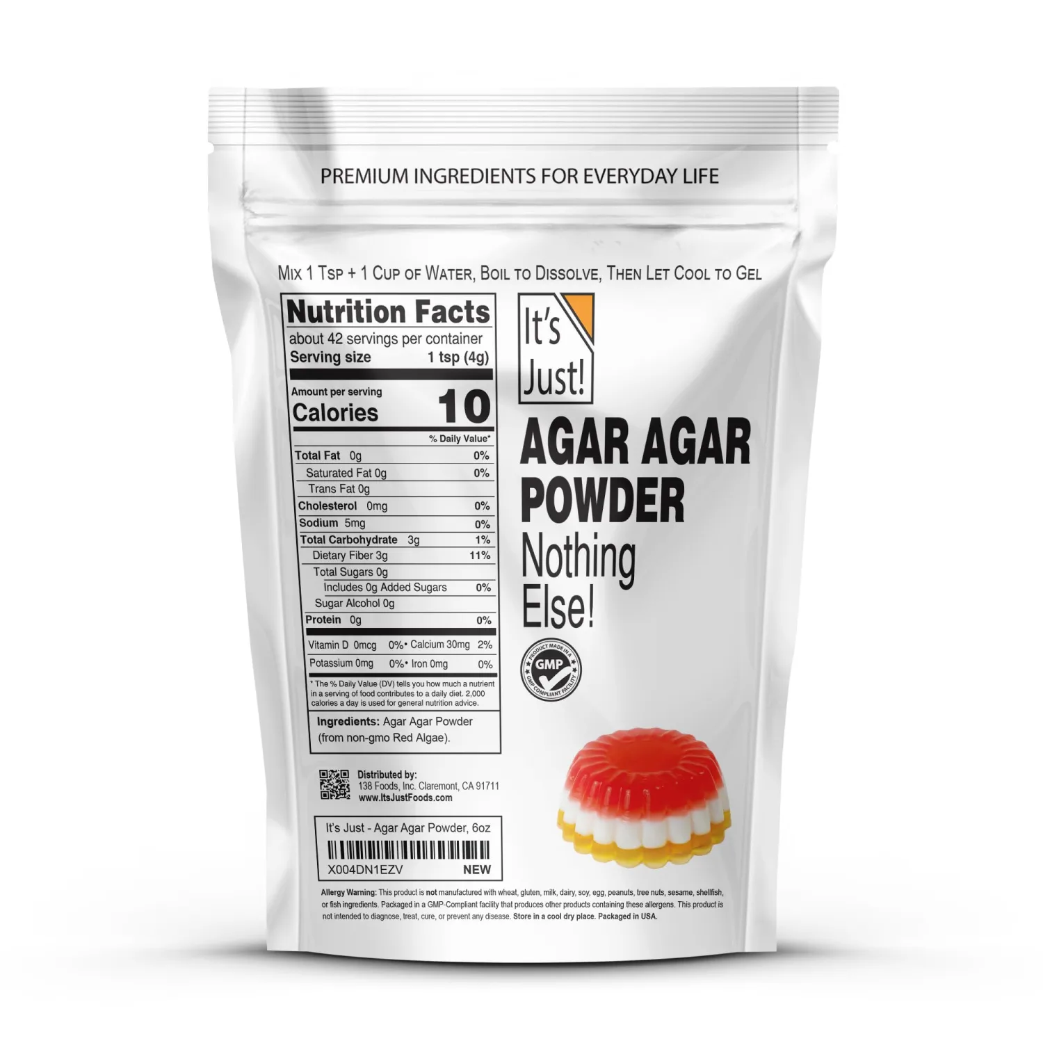 It's Just - Agar Agar Powder 6oz, Vegan Gelatin Substitute, 100% Plant Based Thickener, Unflavored, Non-GMO