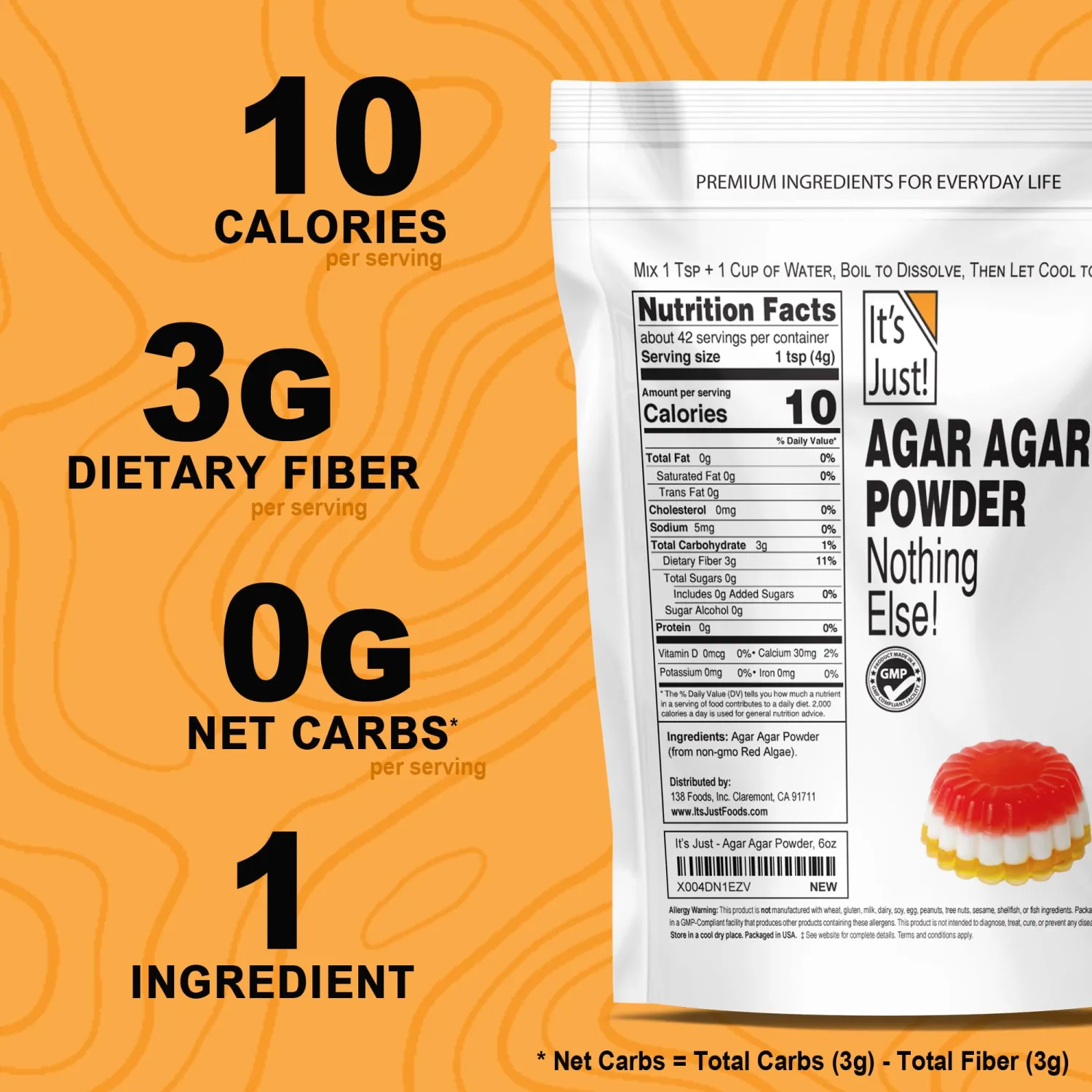 It's Just - Agar Agar Powder 6oz, Vegan Gelatin Substitute, 100% Plant Based Thickener, Unflavored, Non-GMO