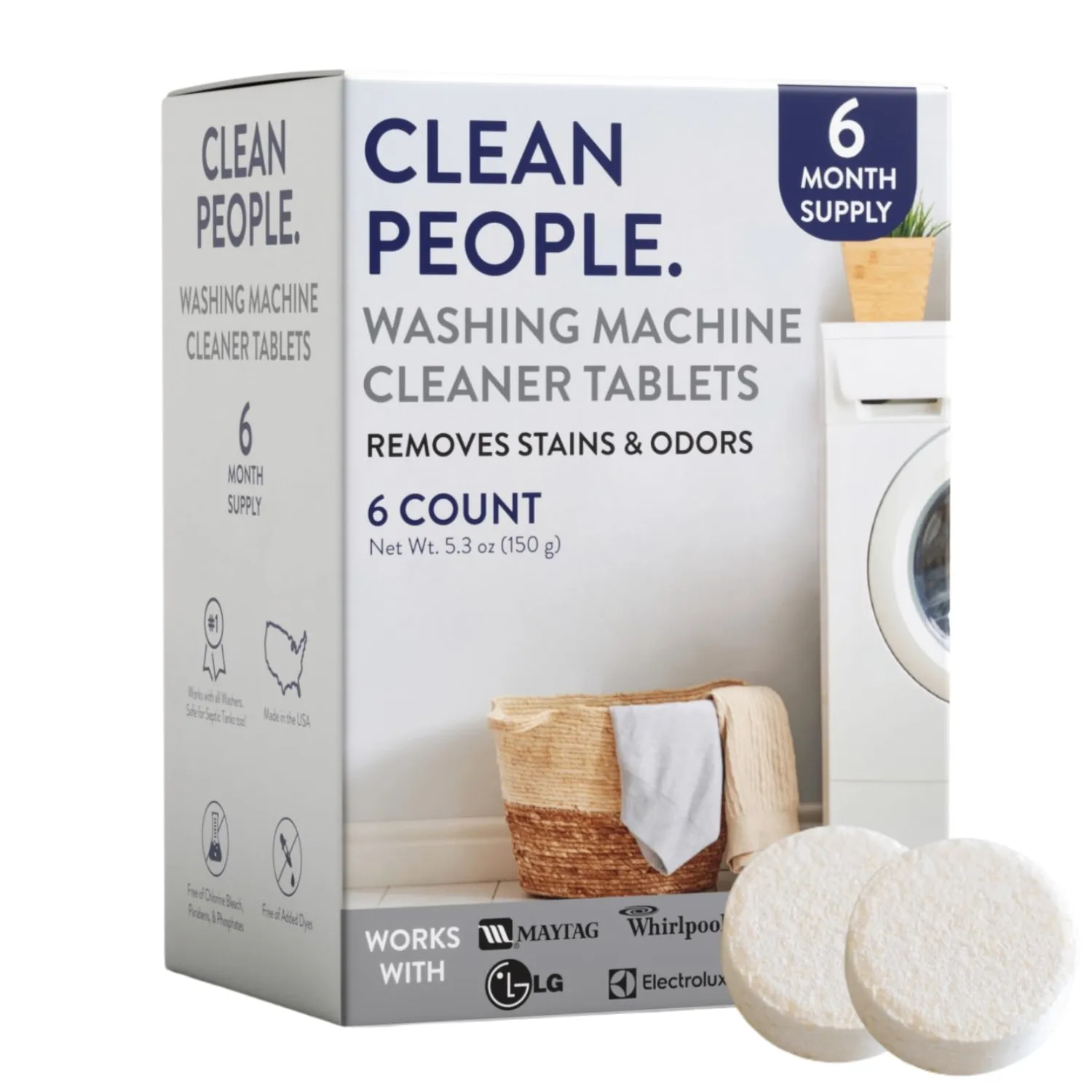 THE CLEAN PEOPLE Washing Machine Cleaner - Washer Machine Cleaner Tablets for Removing Odor, Grime & Scale Buildup - Front Load and Top Load Laundry Machine Cleaner - 6 Count