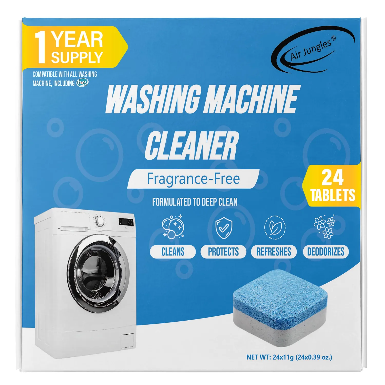Air Jungles Washing Machine Cleaner Tablets 24 Count, Fragrance Free, Deep Cleaning Laundry Washer Drum and Tub, Compatible with Front and Top Load Washer, 12 Month Supply