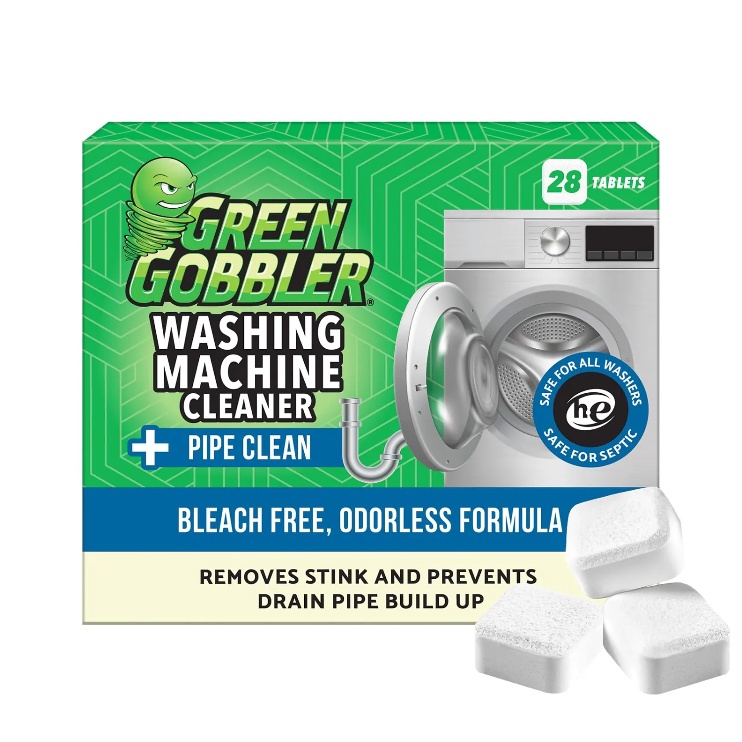 Green Gobbler Washing Machine Cleaner Tablets with Pipe Clean Technology Deodorizer | Front & Top Load Washer | 28 Count