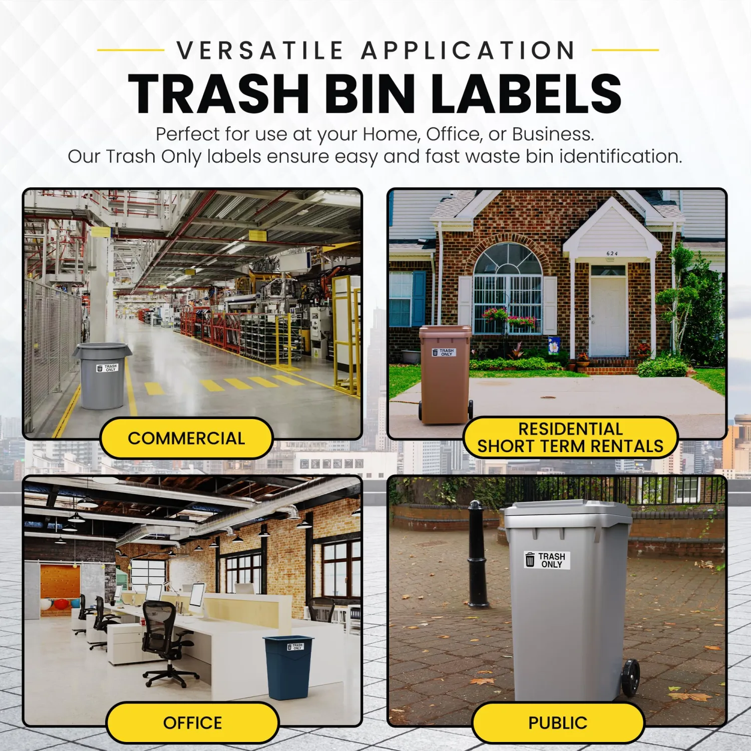Trash Sticker for Outdoor Trash Can, Garbage Can - 3-5 Year Indoor/Outdoor Rated - Heavy Duty, Weather Proof, Ultra Durable - USA Made (6x2 inch), 4 Labels