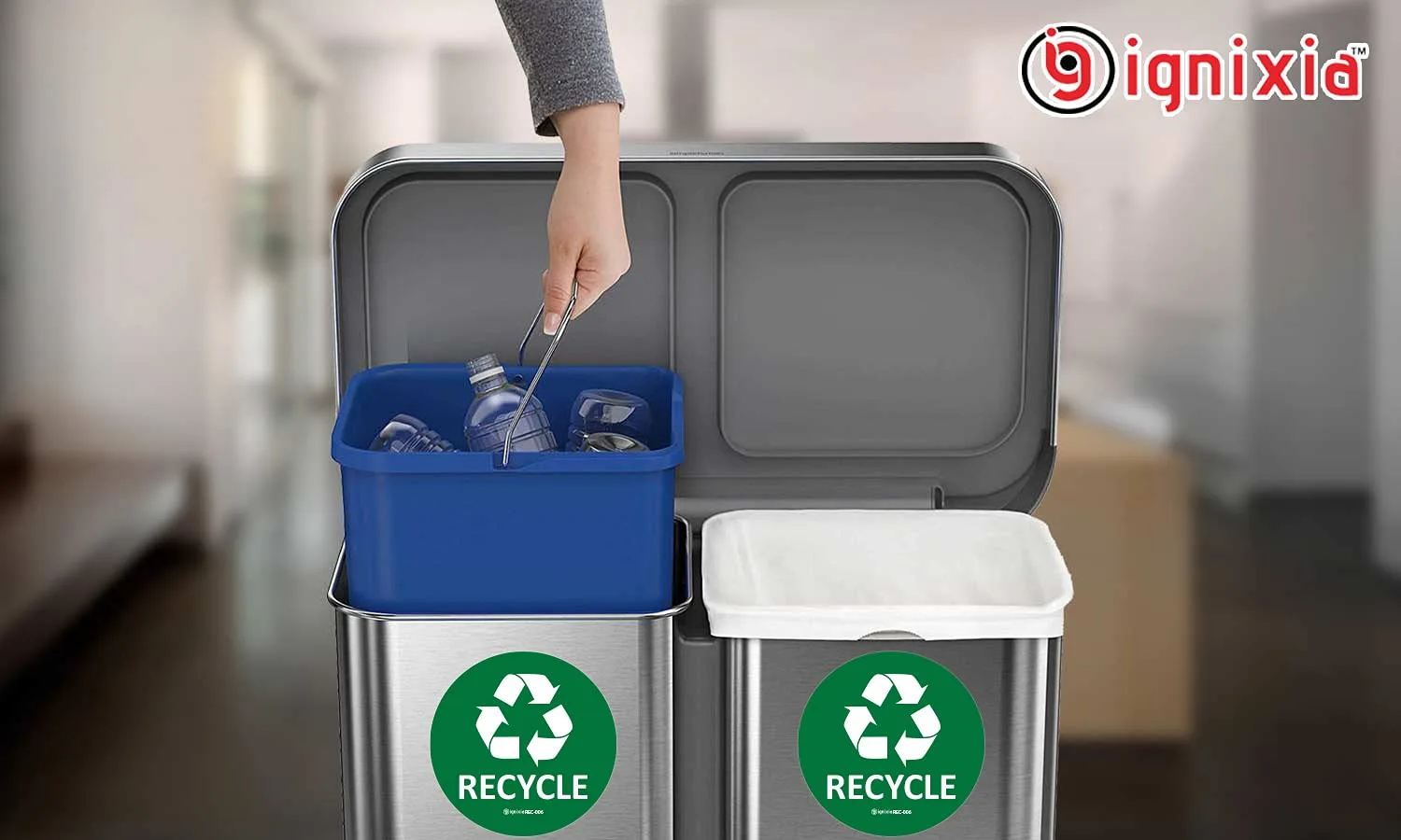 IGNIXIA Recycle Stickers for Trash Can & Bins - 6x6 Inches, Waterproof, UV Protected (Pack of 2) - Green