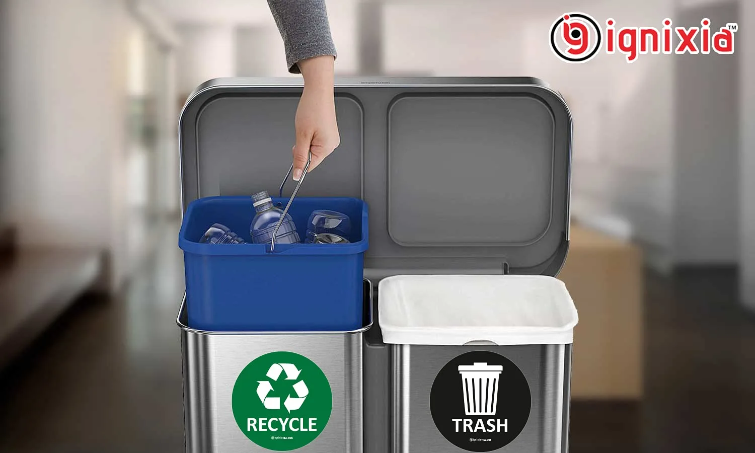 IGNIXIA Recycle Stickers for Trash Can, (Pack of 02) 6x6 Inches Large Blue (Green and Black)