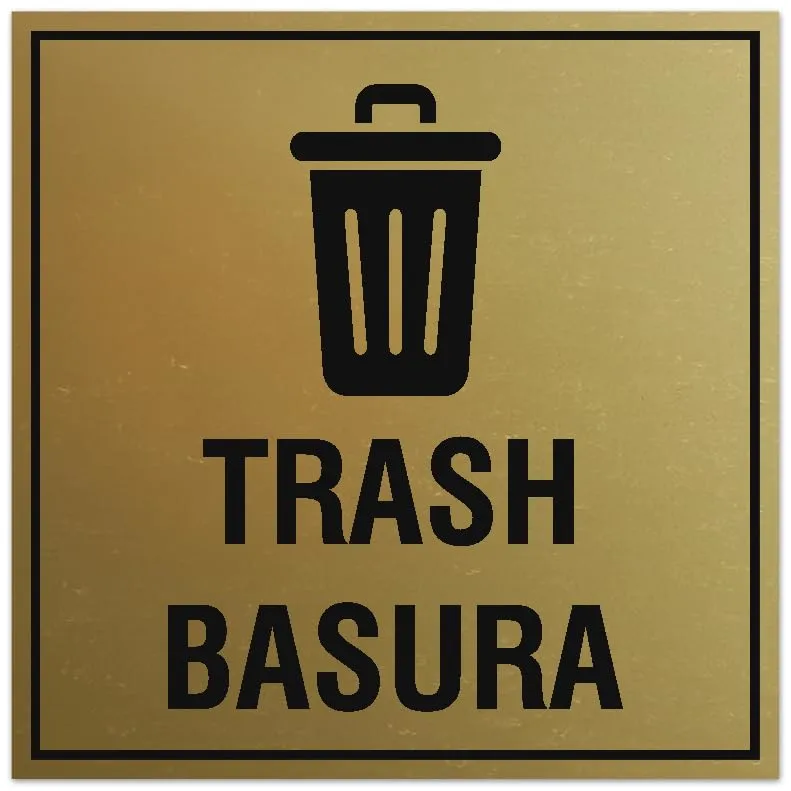 Signs ByLITA Square Trash Basura Sign - Easy Installation | Durable Material (Brushed Gold) - Small (2 Pack)
