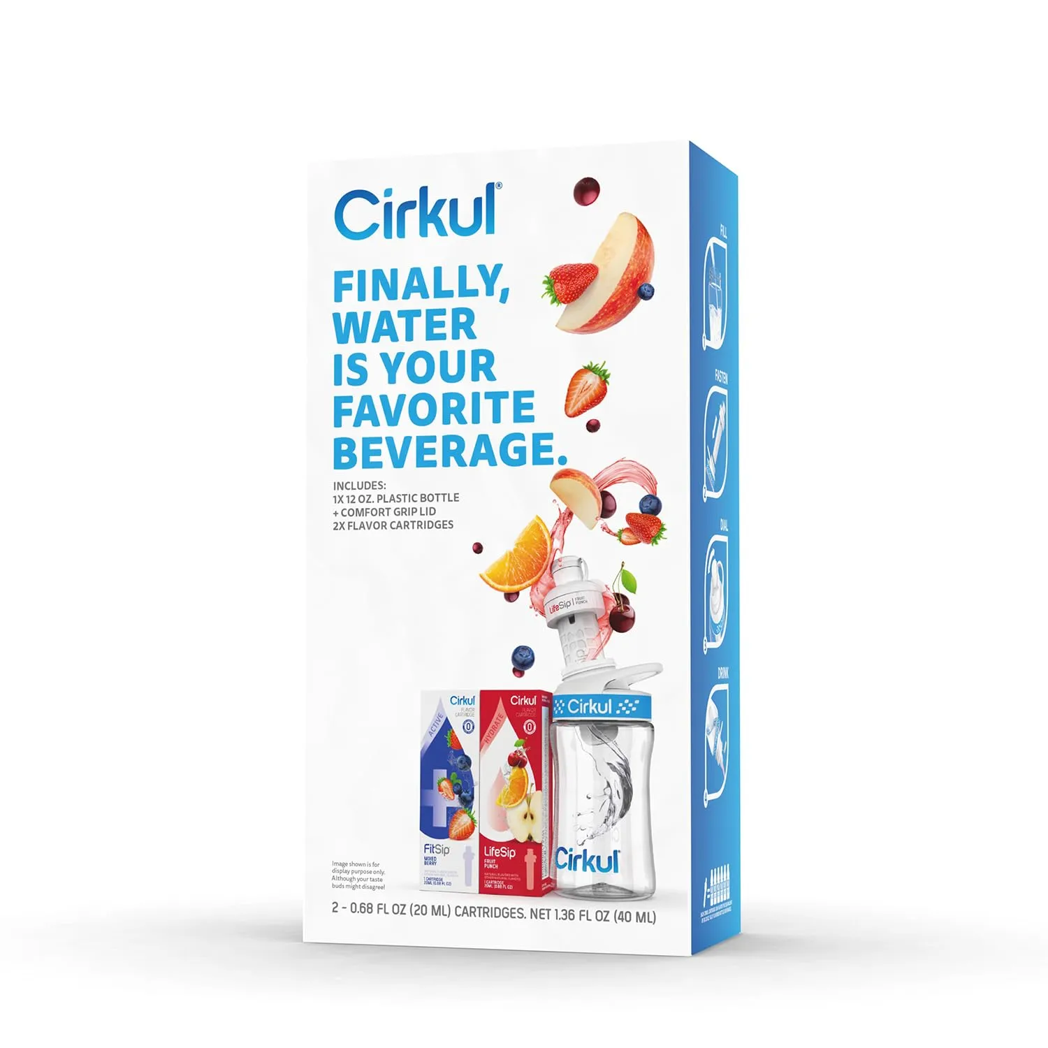Cirkul 12oz BPA-Free Plastic Water Bottle Starter Kit for Kids with Blue Lid, 2 Flavor Cartridges (1 LifeSip Fruit Punch, 1 FitSip Mixed Berry)
