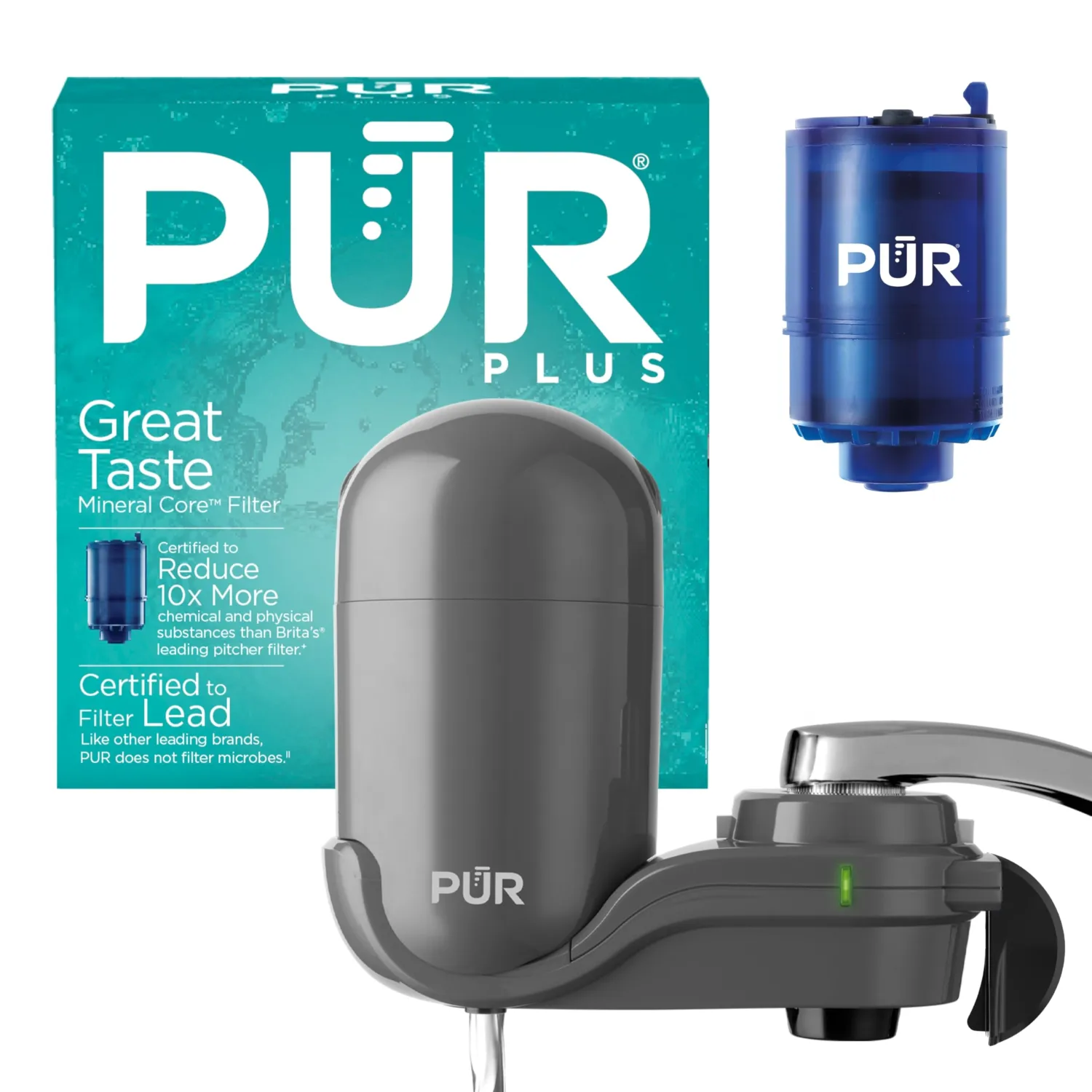 PUR PLUS Vertical Faucet Mount Water Filtration System with 3-in-1 Lead Reducing Filter for Great-Tasting Filtered Tap Water, Lasts 100 Gallons, Fits Most Kitchen or Bathroom Faucets, Grey