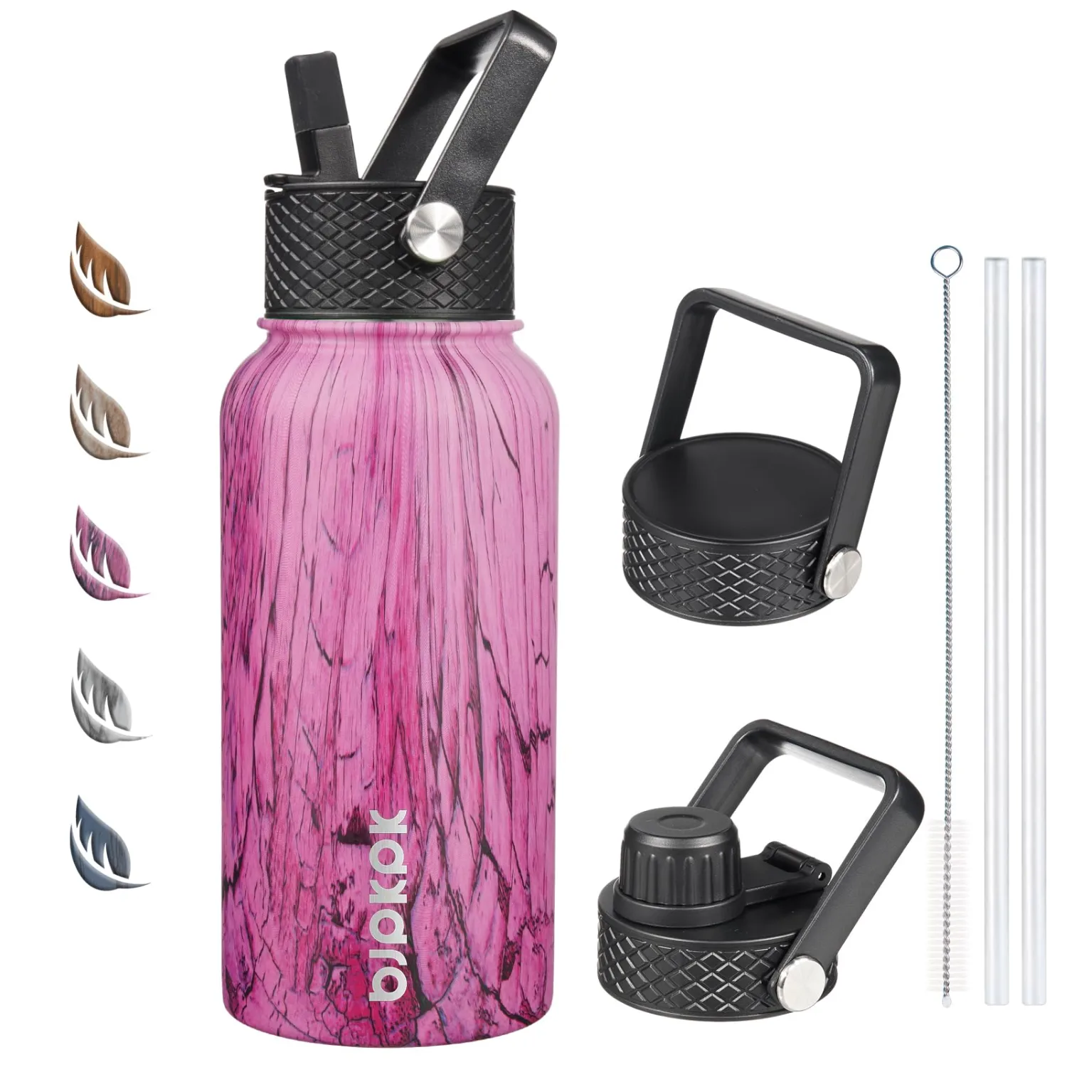 BJPKPK Insulated Water Bottles with Straw Lid, 27oz Stainless Steel Water Bottle with 3 Lids, Leak Proof BPA Free Metal Thermos, Mugs, Tumblers, Keep Cold Hot - Wood Pink