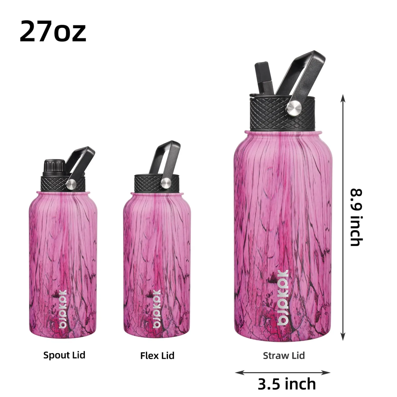 BJPKPK Insulated Water Bottles with Straw Lid, 27oz Stainless Steel Water Bottle with 3 Lids, Leak Proof BPA Free Metal Thermos, Mugs, Tumblers, Keep Cold Hot - Wood Pink