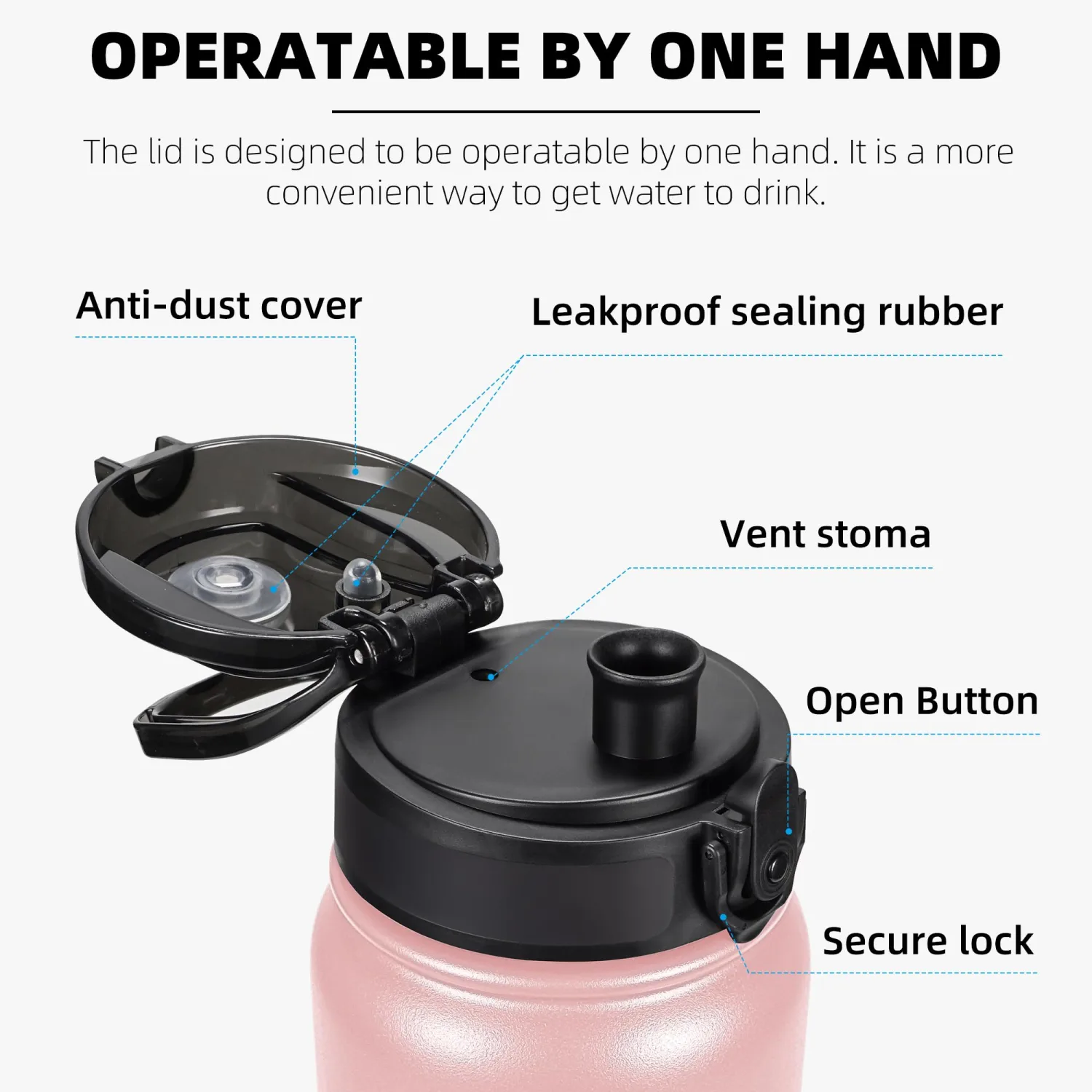 Fanhaw 32 Oz Insulated Stainless Steel Water Bottle with 1 Lid (Chug Lid) - For Kids, Women, Men | Leak & Sweat Proof with Anti-Dust Lid (Pink)