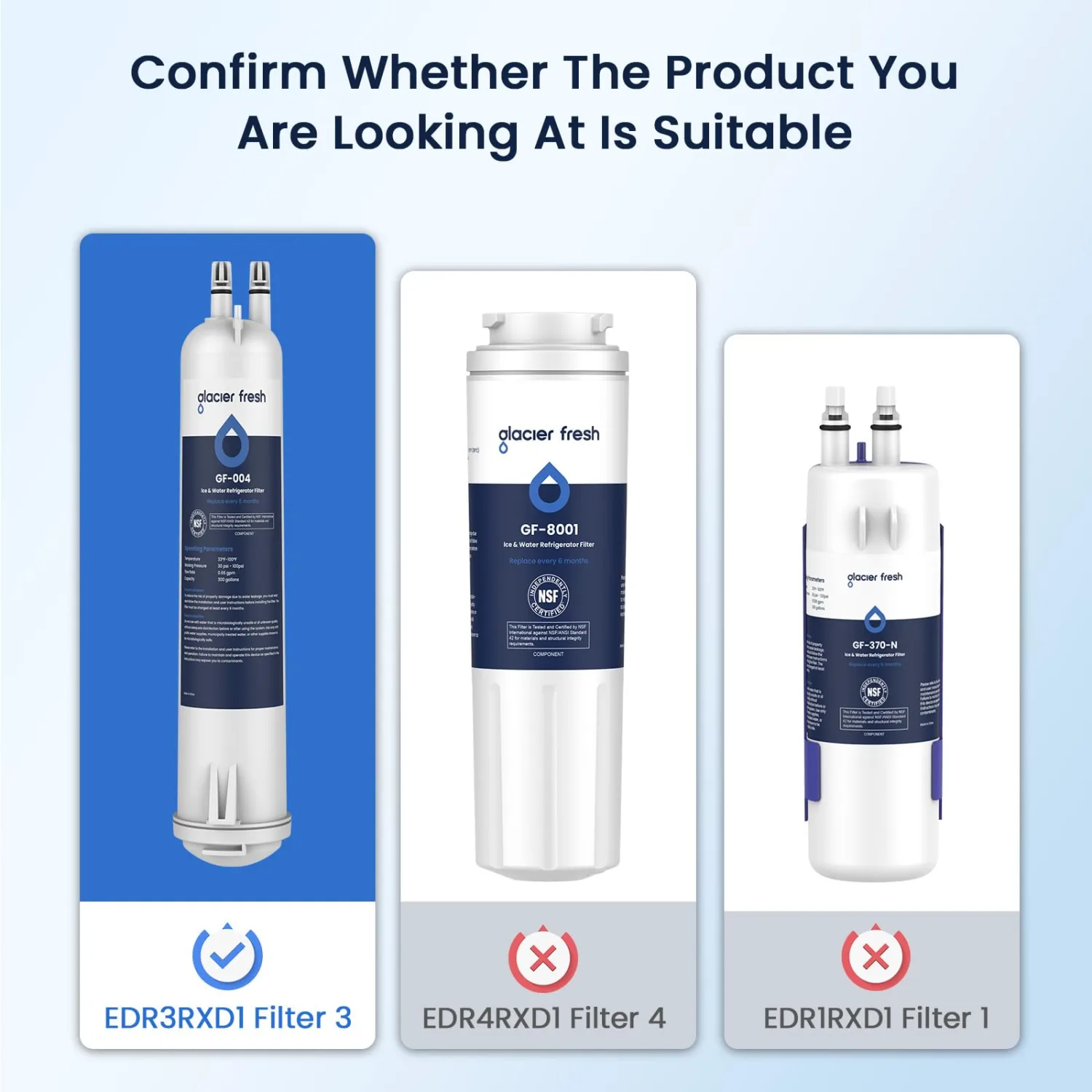 GLACIER FRESH Compatible with 4396841 Refrigerator Water Filter, EDR3RXD1, KAD3RXD1, WHR3RXD1, 4396841, 4396710, Filter 3, 46-9083,46-9030, 9030, 9083 Refrigerator Water Filter, 2 Pack