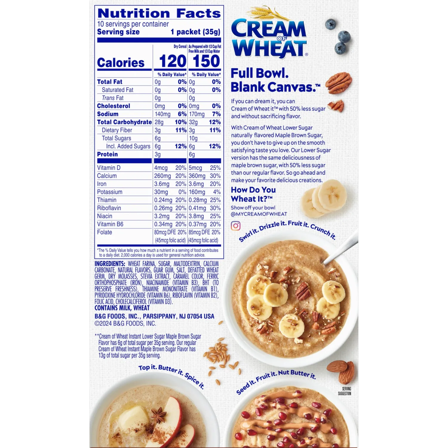 Cream of Wheat Instant Lower Sugar Maple Brown Sugar, 12.3 Ounce, 10 Packets