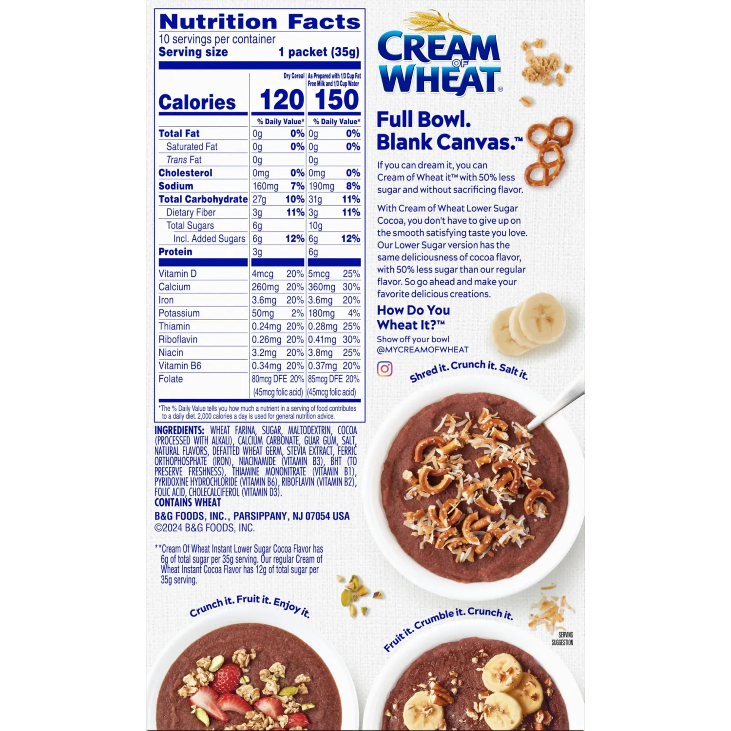 Cream of Wheat Instant Lower Sugar Hot Cereal, Cocoa, Box of 10 Packets