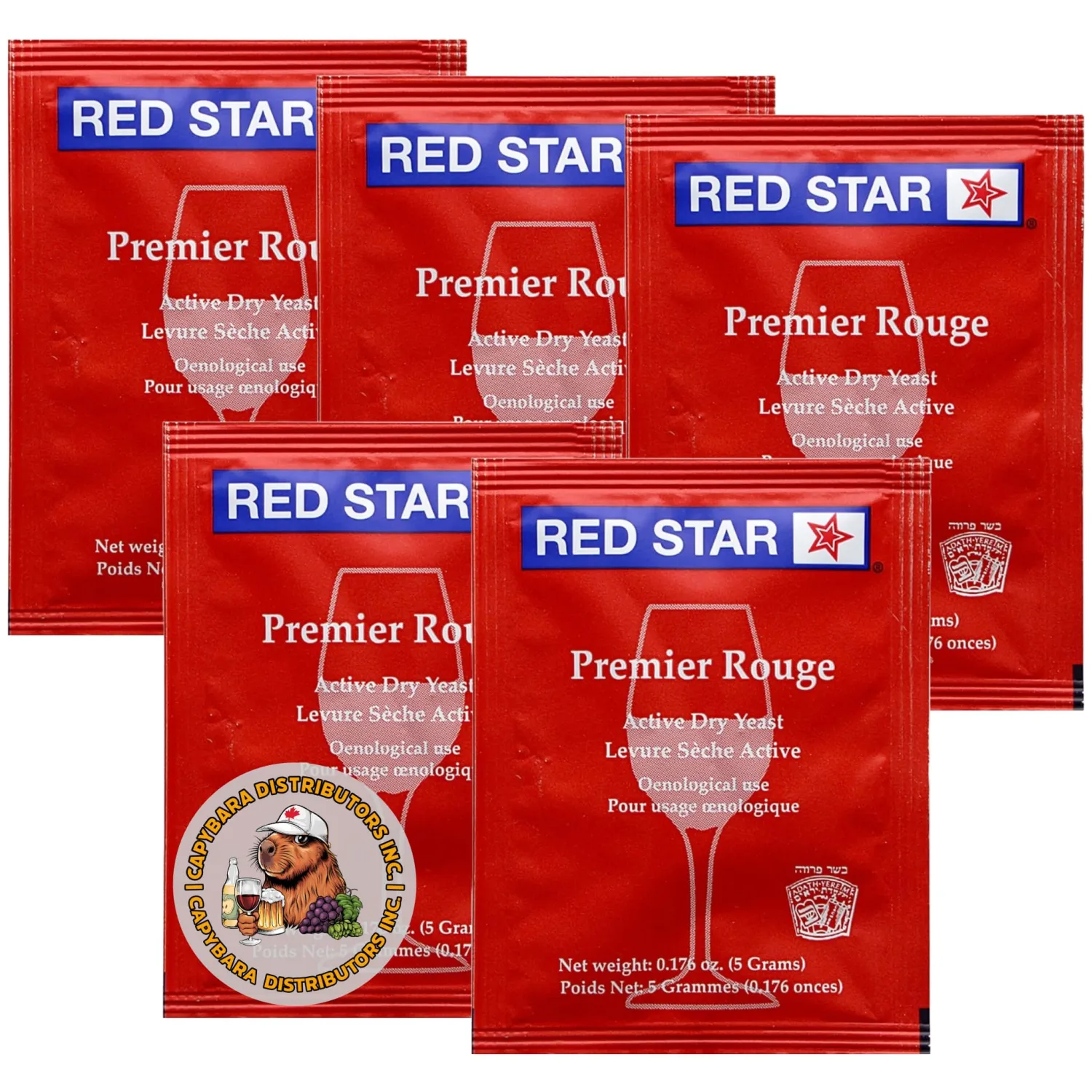Red Star Premier Rouge Wine Yeast (5 Pack) - Great for Making Wine Cider Mead Kombucha at Home - 5 g Sachets - Saccharomyces cerevisiae - Sold by CAPYBARA Distributors Inc.