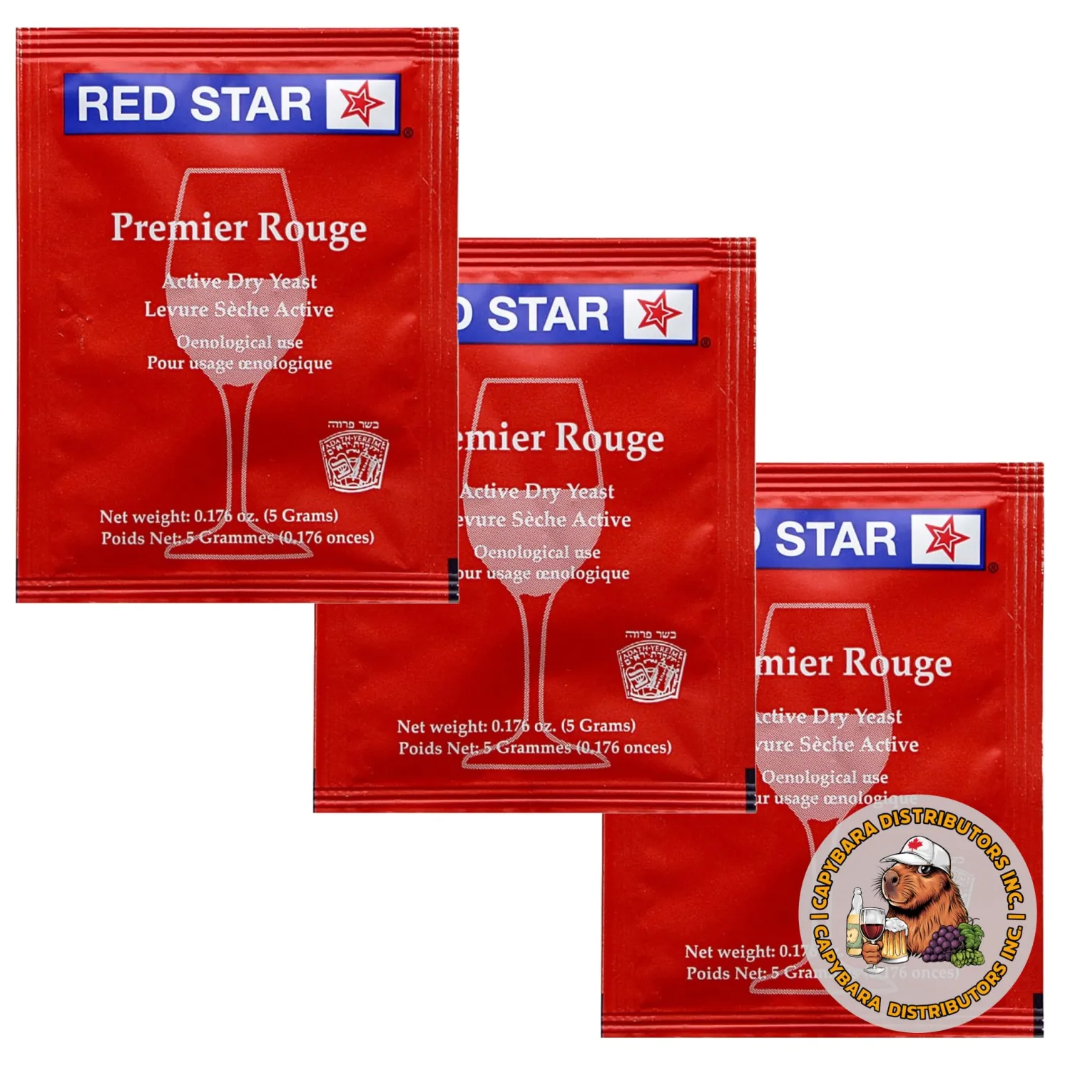 Red Star Premier Rouge Wine Yeast (3 Pack) - Great for Making Wine Cider Mead Kombucha at Home - 5 g Sachets - Saccharomyces cerevisiae - Sold by CAPYBARA Distributors Inc.