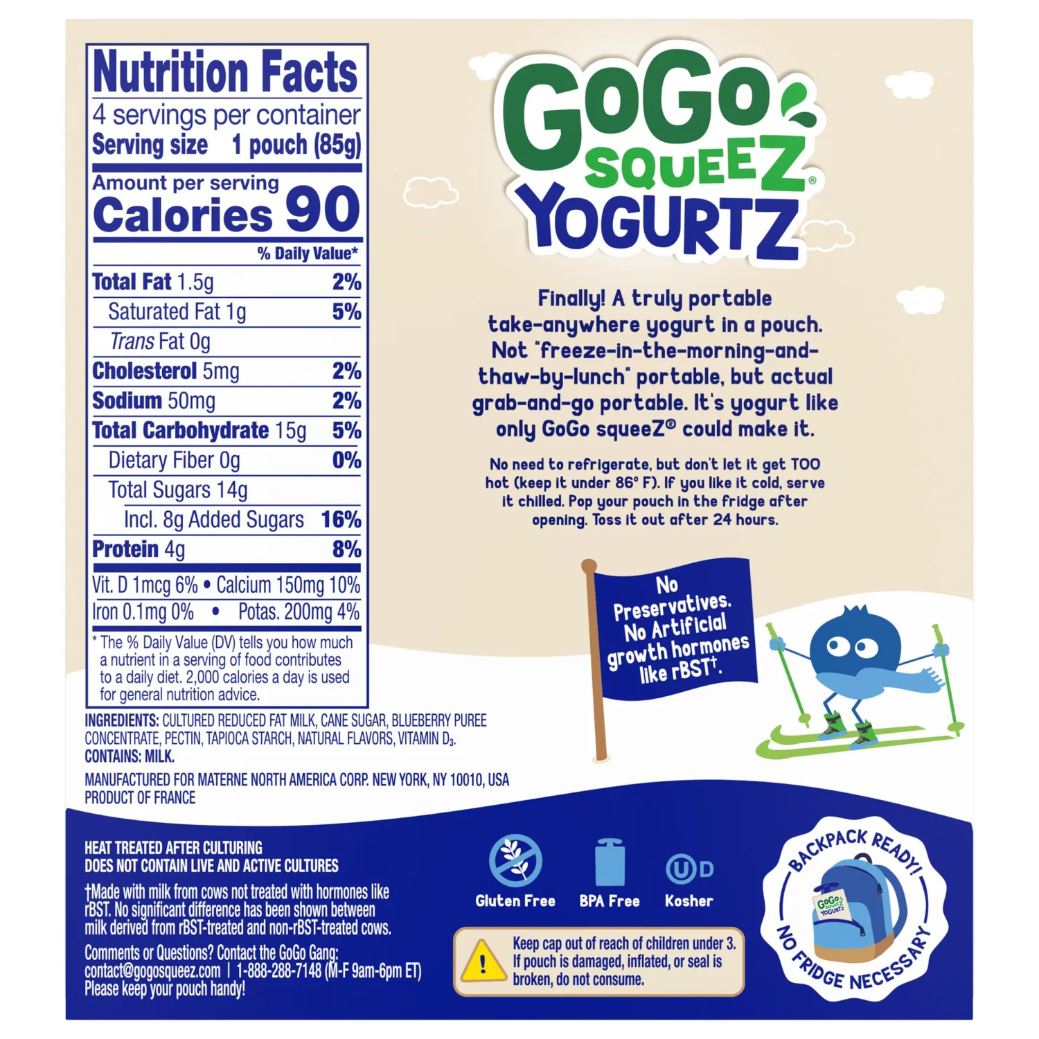GoGo squeeZ yogurtZ Blueberry, 3 oz. (4 Pouches) - Kids Snacks Made from Real Yogurt Fruit - Pantry Friendly Snack, No Fridge Needed - No Preservatives - Kosher Certified - Gluten Free Snacks for Kids