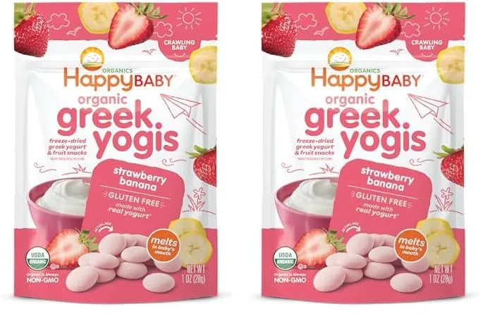 Happy Baby Organics Baby Snacks, Greek Yogis, Freeze Dried Yogurt & Fruit Snacks, Gluten Free Snack for Babies 9+ Months, Strawberry & Banana, 1 Ounce (Pack of 2)