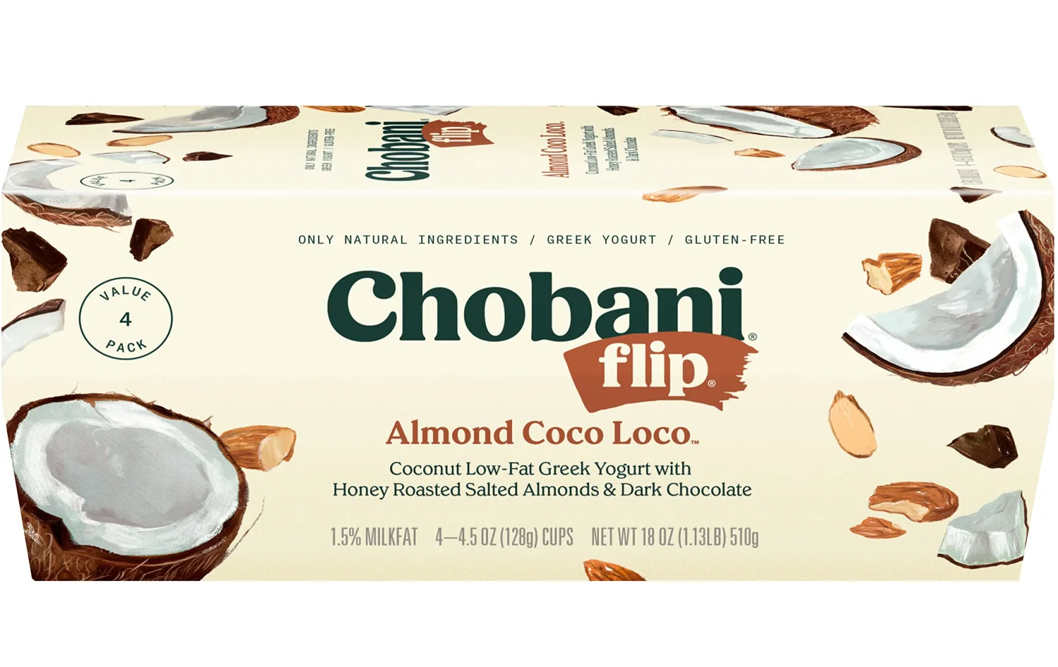 Chobani® Flip Low-fat Greek Yogurt, Chocolate Almond Coco Loco 4.5oz, 4-pack