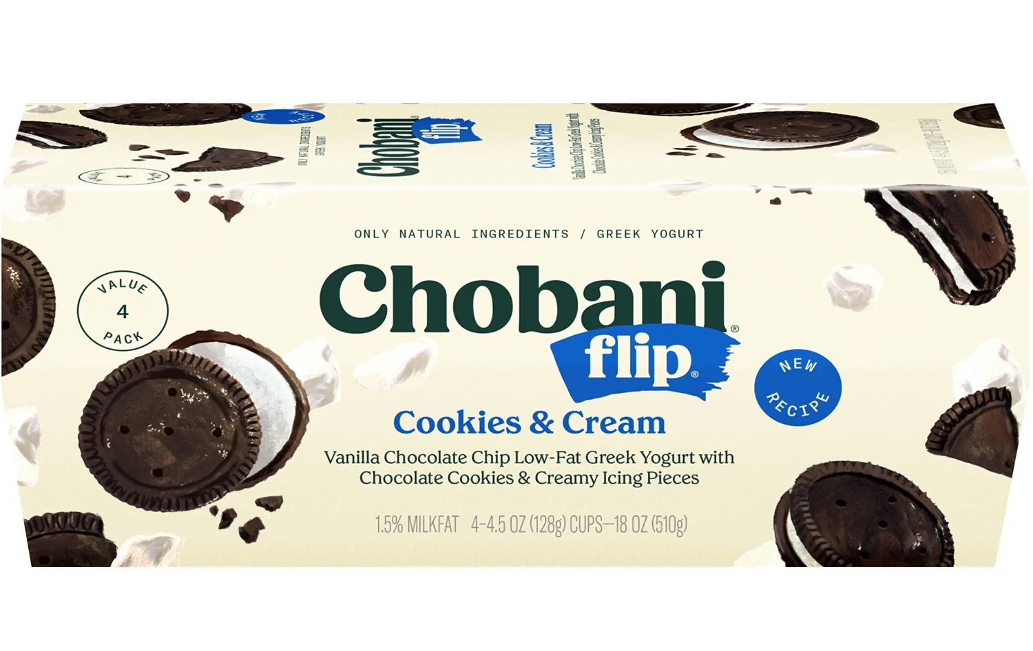 Chobani, Flip, Low-Fat Greek Yogurt Cookies & Cream, 4.5oz, 4Pk