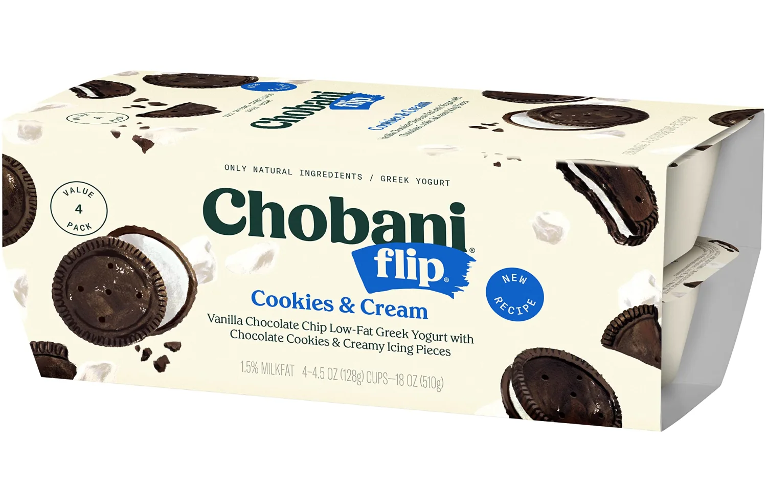 Chobani, Flip, Low-Fat Greek Yogurt Cookies & Cream, 4.5oz, 4Pk