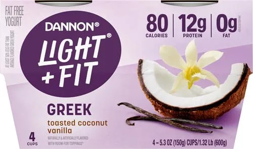 Dannon Light + Fit Greek Toasted Coconut Vanilla Fat Free Yogurt, Creamy and Delicious Gluten Free Yogurt, 4 Ct, 5.3 OZ Yogurt Cups