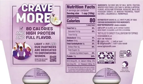 Dannon Light + Fit Greek Toasted Coconut Vanilla Fat Free Yogurt, Creamy and Delicious Gluten Free Yogurt, 4 Ct, 5.3 OZ Yogurt Cups