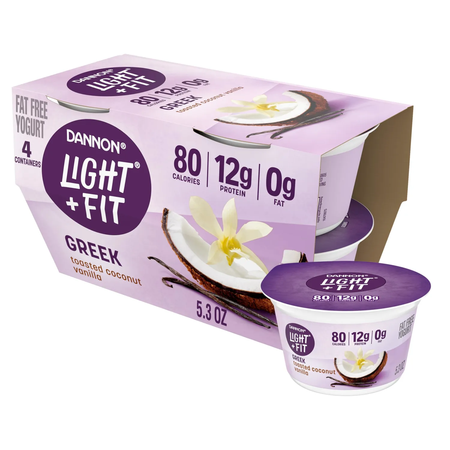 Dannon Light + Fit Greek Toasted Coconut Vanilla Fat Free Yogurt, Creamy and Delicious Gluten Free Yogurt, 4 Ct, 5.3 OZ Yogurt Cups