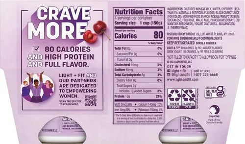 Dannon Light + Fit Greek Nonfat Yogurt, Cherry, Gluten-Free, 5.3 oz., 4 Pack